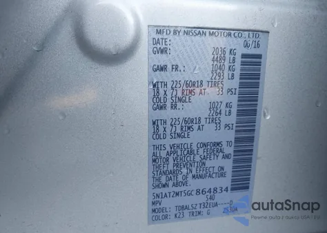 2016 Nissan Rogue Sl z USA, uszkodzony, nr VIN 5N1AT2MT5GC864834